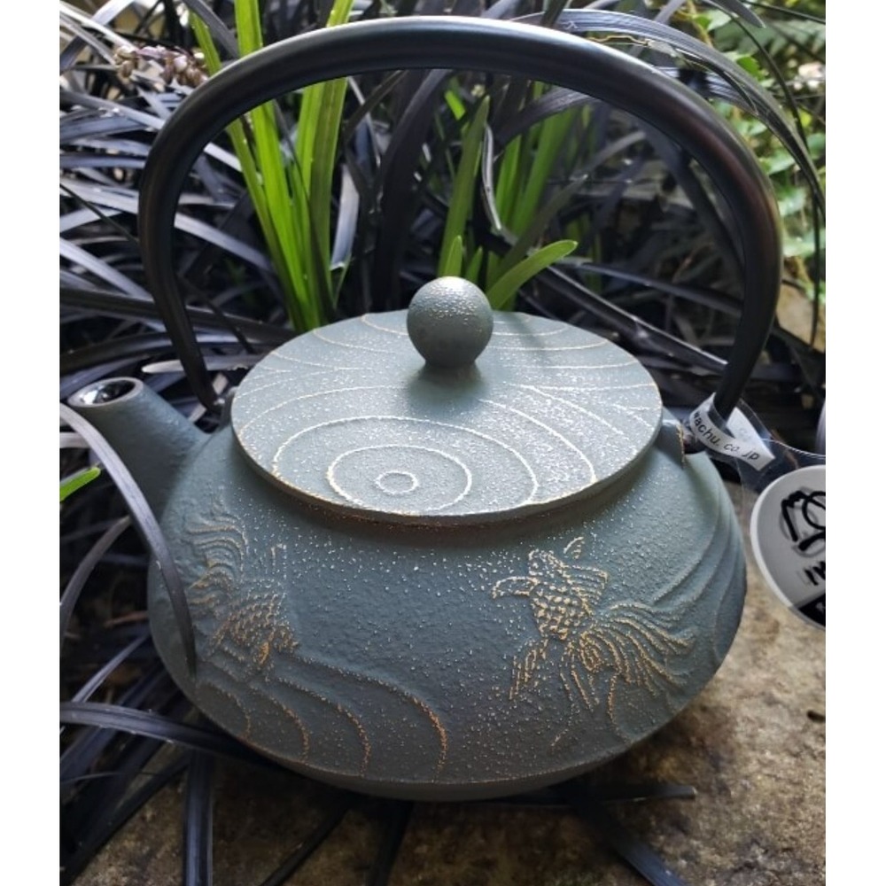 Miya- Ocean Gray Blue Green & Gold Cast Iron Tea Pot 21oz Japan